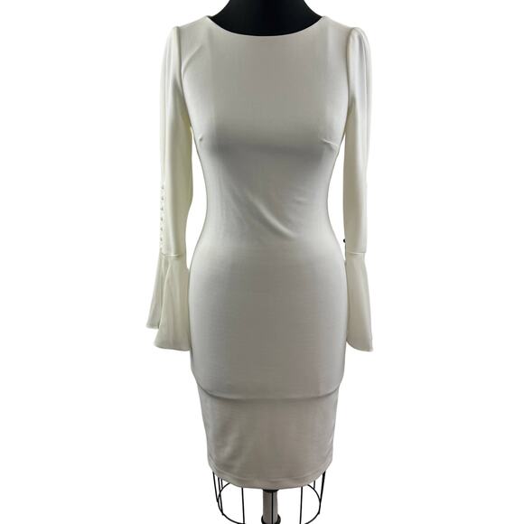 CALVIN KLEIN Cream Bell Sleeve Button Accent Knee Length Sheath Dress Size 2 NEW - Picture 2 of 12